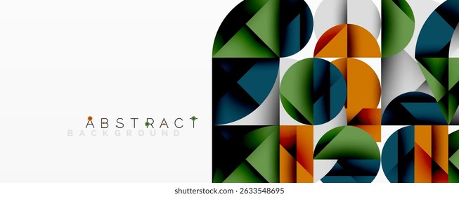 Geometric shapes create vibrant pattern. Orange, green, blue dominate design. Modern aesthetic suitable backgrounds, presentations.