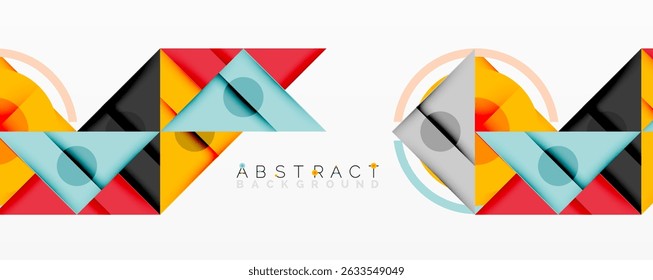 Geometric shapes create vibrant pattern. Overlapping squares, triangles, circles form modern design. Bright colors dominate composition.