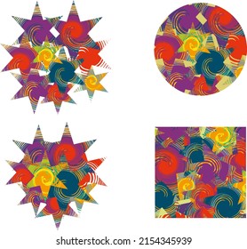 Geometric shapes created by colorful star elements on a white backdrop. Spiral motifs inside the stars for holidays, prints or textiles, wallpaper, etc. Square, circle, abstract figures from the stars