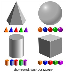 Geometric shapes: cube, sphere, pyramid, cylinder. Isolated on white background. Vector illustration.