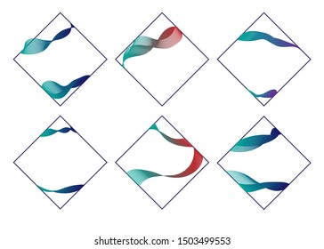 Geometric shapes with curves in gradient. Rhombus frame and wave on white background. Lines created using blend tool. Vector template for website, banner, card, book, brochure, catalog.