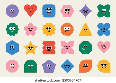 Geometric shapes with cute faces. Funny geometrical figures. Set of basic forms with eyes and mouth. Isolated flat vector illustration.