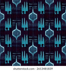 Geometric shapes in deep blue and turquoise, grunge lines ikat pattern, striped seamless pattern, Vector illustration background for print the paper.