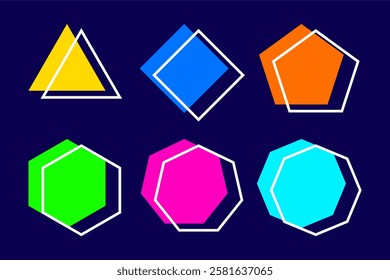 geometric shapes design - Colorful assorted polygons on dark blue background. Triangle, square, pentagon, hexagon, heptagon, octagon.