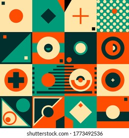 Geometric shapes design in square vector pattern. Neo geo vector illustration