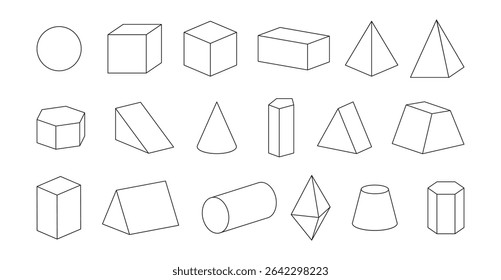 Geometric shapes with different bases. Vector circle and cube, rectangular and triangular, pentagonal and hexagonal parallelepipeds, truncated and regular cones and pyramids, cylinder and octahedron