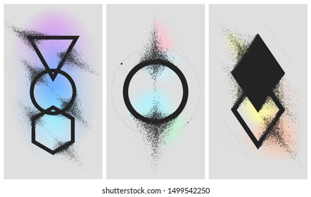 Geometric shapes dissolve into dust on a gradient background, splitting particles spray effect, set of vector illustrations 16-9