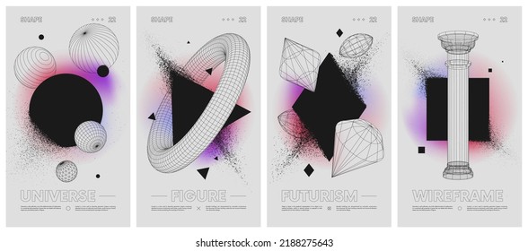 Geometric shapes dissolve into dust gradient background  Wireframes strange geometrical figures  modern design inspired by brutalism  abstract vector set posters  cover