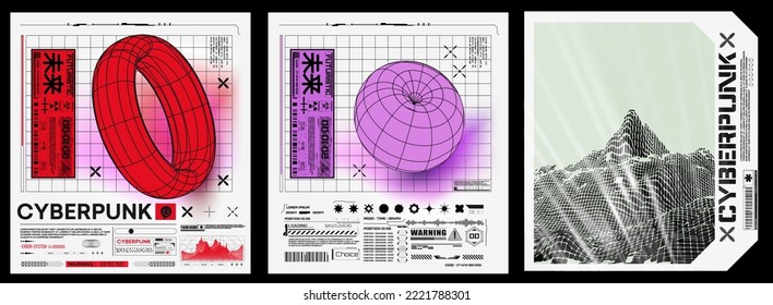 Geometric shapes dissolve into dust on gradient background. Geometric figures, modern design in futurism cyberpunk style. Modern vector posters acid style. Trendy 2022 shapes. Digital design elements.