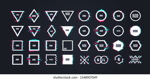 Geometric shapes with distorted glitch effect. Graphic design elements in distorted glitch effect. Modern abstract backgrounds for banner, poster, cover, logo.