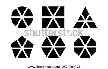 Geometric shapes divided into 6 parts isolated on white background. Round, square and triangle, pentagon, hexagon and octagon shapes cut in equal slices. Vector graphic illustration.