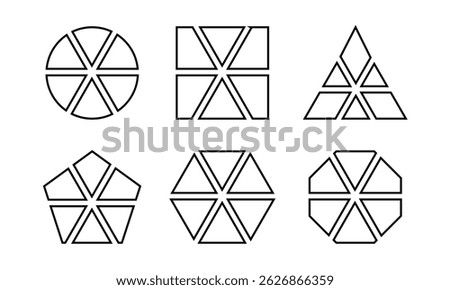 Geometric shapes divided into 6 sectors isolated on white background. Round, square and triangle, pentagon, hexagon and octagon shapes cut in six equal parts. Vector outline illustration.