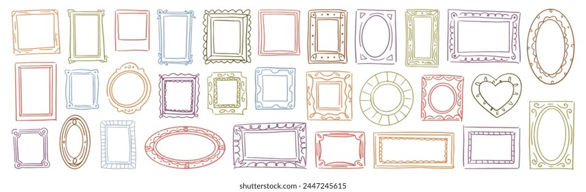 Geometrische Formen von Doodle-Bild- oder Fotorahmen. Vektorgrafik isolierte quadratische und herzförmige, rechteckige und kreisförmige Ränder mit leerem Kopierraum. Set von künstlerischen Bannern oder Social-Media-Highlights