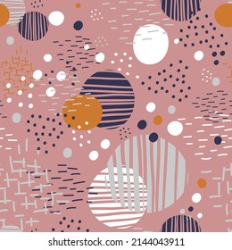 Geometric shapes, dots, lines and rounds elements abstract seamless pattern in minimalism style. Trendy colors. Vector background for social media, cards, posters, wrapping, textile and apparel