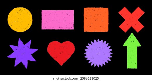 Geometric shapes drawn with crayon. Texture in the form of circle, square, rectangle and arrow. Grunge heart. Star figure