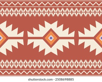 geometric shapes in earthy tones. The design incorporates traditional Native American motifs, including zigzags and diamonds, creating a visually striking and culturally rich composition.