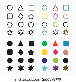 Geometrische Formen und Elemente, Silhouette oder bunte Kunst, Vektorgrafik auf Hintergrund