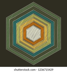 Geometric shapes embroidery hexagon , machine vintage embroidery design, pattern of squares, ,colors red, yellow, orange, green, blue vector illustration, Baroque colors black background,