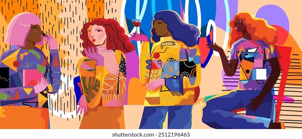 Geométrico, formas face retrato mulheres cubismo colorido mão desenhada vetor ilustração. Design moderno contemporâneo para impressão de arte, arte de parede, cartaz, capa, cartão, decoração de casa.