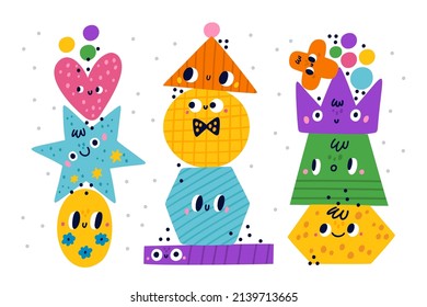 Geometric shapes faces. Colorful figures pyramids. Kids educational geometry games. Comic primitive characters set. Funny cartoons. Cute polygons and circles. Vector toys