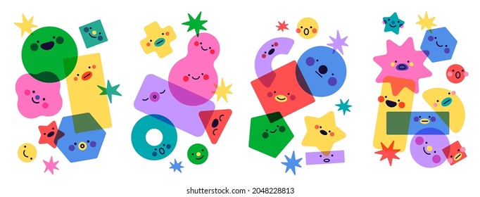 Geometric shapes faces. Funny abstract figures groups, cute childish emotions, simple color characters, modern style, kids card or poster template, vector isolated compositions