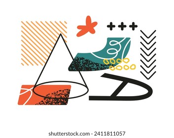 Geometric shapes, figures: cone, shading square, arrows. Geometry element composition. Letter sign, literal symbol, abstract note. Online education concept. Flat isolated vector illustration on white.