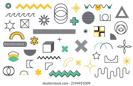 Geometric shapes and figures from lines, circles, squares, waves, stars and flowers. Set of minimalistic graphic design parts.