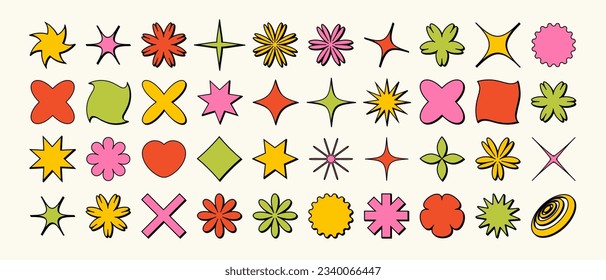 Geometric shapes and figures in trendy neobrutalism style. Y2K design elements. Vector illustration