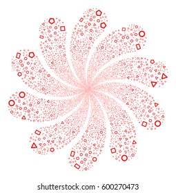 Geometric Shapes fireworks swirl flower with ten petals. Vector illustration style is flat red scattered symbols. Object whirlpool constructed from random pictographs.