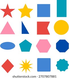 Formas geométricas en diseño plano, conjunto de Formas geométricas de colores aisladas sobre fondo blanco. Vector, ilustración de diseñador, Anuncio de Web, Vector.