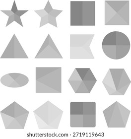 Geometrische Formen im flachen Design, ein Satz grauer geometrischer Formen einzeln auf weißem Hintergrund. Monochrome geometrische Formen. Vektorgrafik, Designergrafik, Webbanner.