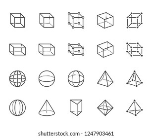 Geometric shapes flat line icons set. Abstract figures cube, sphere, cone, prism vector illustrations. Thin signs for geometry education, prototype development. Pixel perfect 64x64. Editable Strokes.