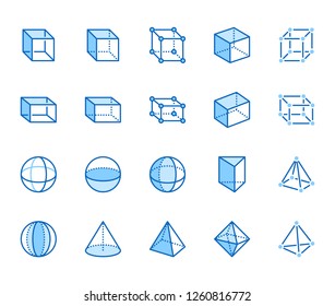 Geometric shapes flat line icons set. Abstract figures cube, sphere, cone, prism vector illustrations. Thin signs for geometry education, prototype development. Pixel perfect 64x64. Editable Strokes.