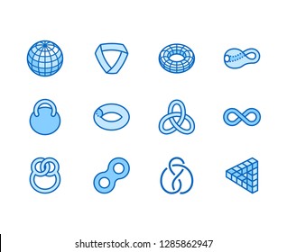 Geometric shapes flat line icons set. Topology figures sphere, torus, mobius strip, klein bottle vector illustrations. Thin signs for education, impossible object. Pixel perfect 64x64. Editable Stroke