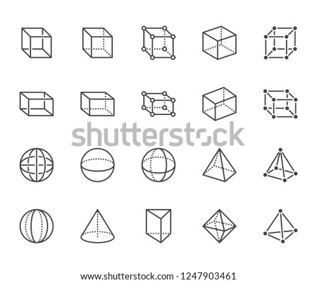 Geometric shapes flat line icons set. Abstract figures cube, sphere, cone, prism vector illustrations. Thin signs for geometry education, prototype development. Pixel perfect 64x64. Editable Strokes.