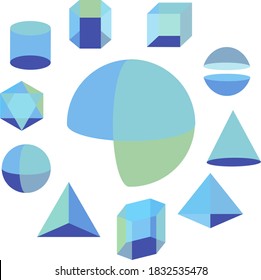 formas geométricas de estilo plano en colores pastel con la geometría de inscripción. Cuadrado, círculo, triángulo, prisma, esfera, cilindro en 3D