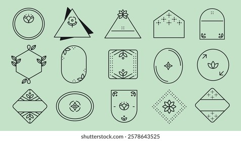 Geometric shapes with floral designs. Triangles, ovals, and hexagons feature flowers. Floral patterns enhance geometric shapes. Simple, elegant floral shapes. Element with copy space, vector set.