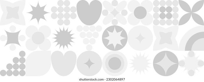 Formas geométricas en forma de círculos, cuadrados y corazones, fondo de moda de patrones grises y blancos para el diseño. Plantilla de portada de mosaico de moda, esténcil para tela, textil y papel pintado.
