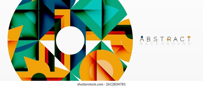 Geometric shapes form vibrant circular design. Orange, teal, navy dominate palette. White circle provides contrast, clean aesthetic. Modern, abstract composition.