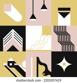 Geometrische Formen und Formen, abstraktes und zeitgenössisches Design des Drucks. hängende Lampen und Melodie, Gebäude und gewellte Linien, Dreieck und Rechteck. Vektorgrafik auf Flach-Art