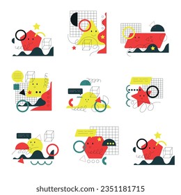 Geometric Shapes and Forms with Face Abstract Figure Cute Collage Vector Composition Set. Modern Style Basic Geometry Element
