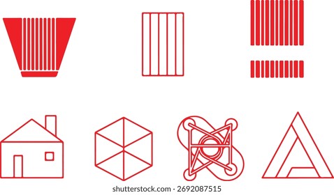 Geometric shapes and forms in vibrant red color arranged artfully against white backdrop
