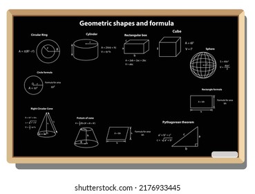 geometrische Formen und Formel. Rundring, Zylinder, rechteckiger Kasten., Würfel, usw., geometrische Figuren der Mathematik auf schwarzem Schulboard, Vektorhintergrund. mathematische Formel 