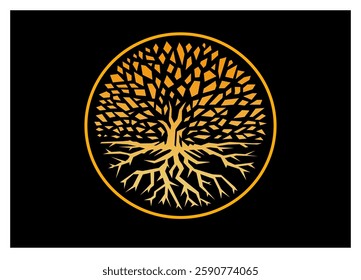 Geometric shapes: a full golden tree in the circle on a black background 