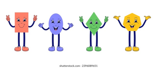 Geometric shapes in a funny cartoon style. Simple and cute. Rectangle,
oval, rhombus, polygon,  with happy faces.  Educational content for kids.