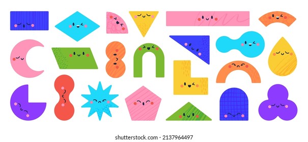 Geometric shapes with funny faces, cute star and triangle shape characters for kids. Colorful basic geometry figures with different emotions, preschool education elements vector set