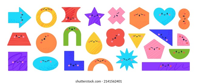 Geometric shapes with funny faces, cute star and triangle shape characters for kids. Colorful basic geometry figures with different emotions, preschool education elements vector set