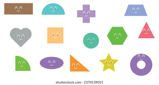 Geometric shapes funny faces and eyes. Mathematics resources for teachers and students. Vector illustration isolated on white background for kids.