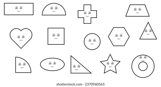 Geometric shapes funny faces and eyes. Mathematics resources for teachers and students. Vector illustration isolated on white background for kids.