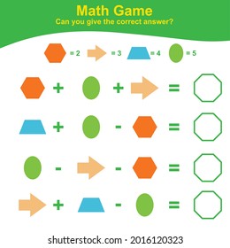 Geometric shapes Game. Math Worksheet for Preschool. Educational printable math worksheet. Additional math for kids. Vector illustration.